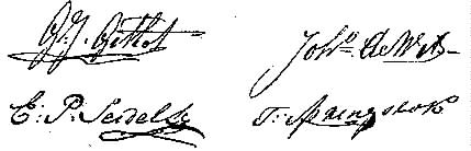 Handtekeningen van Gerrit Jan Gillot (1782-1869), Johannes de Wit (1778-1825), Everhard Philip Seidel (1788-1873) en Tobias Springstok (1752-....). 